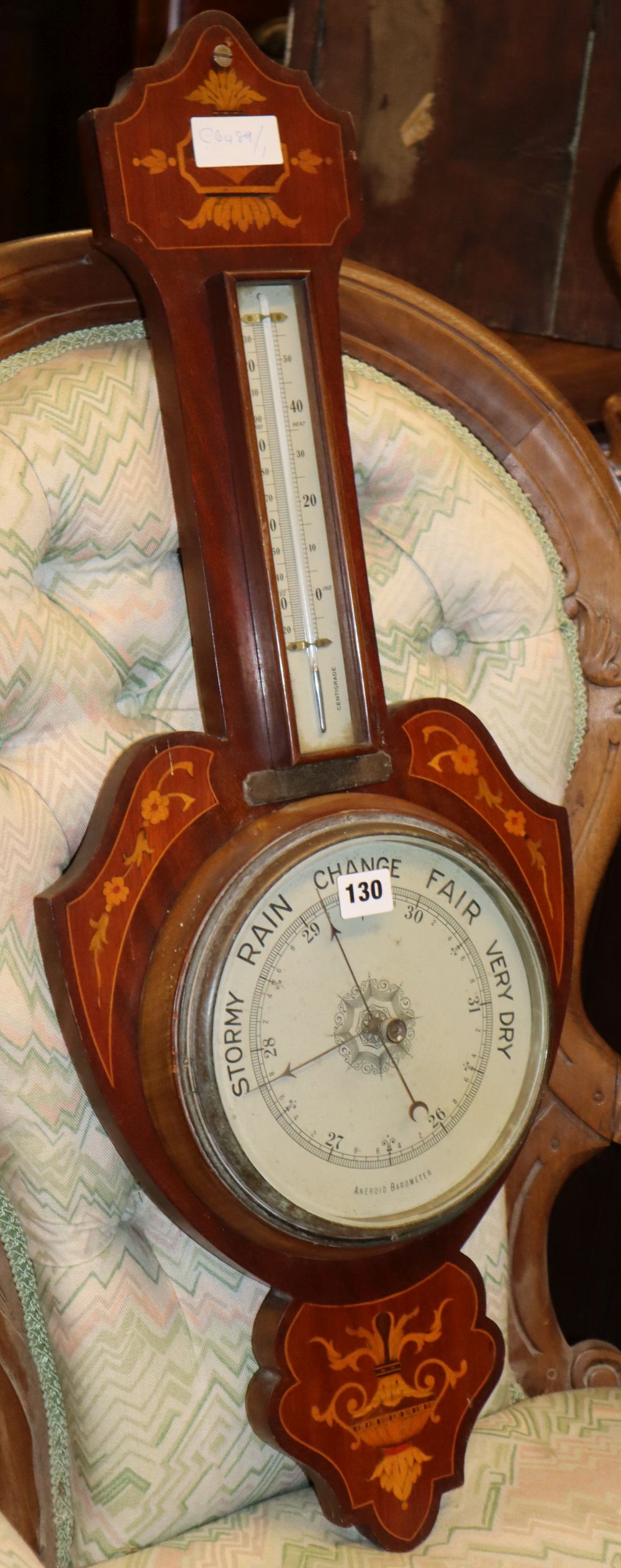 A late Victorian inlaid aneroid barometer / thermometer, H.82cm